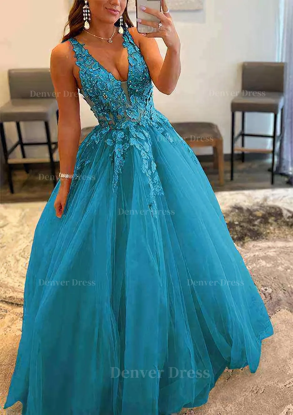 Princess A-line V Neck Sleeveless Sweep Train Tulle Prom Dress With Appliqued Beading