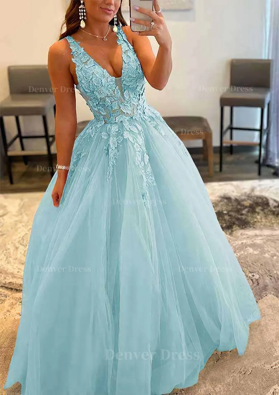 Princess A-line V Neck Sleeveless Sweep Train Tulle Prom Dress With Appliqued Beading