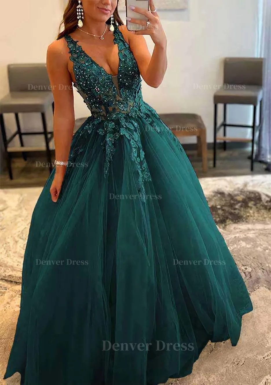 Princess A-line V Neck Sleeveless Sweep Train Tulle Prom Dress With Appliqued Beading