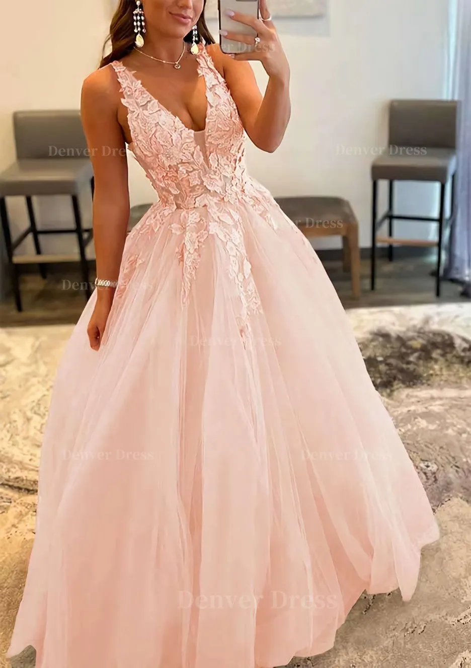 Princess A-line V Neck Sleeveless Sweep Train Tulle Prom Dress With Appliqued Beading
