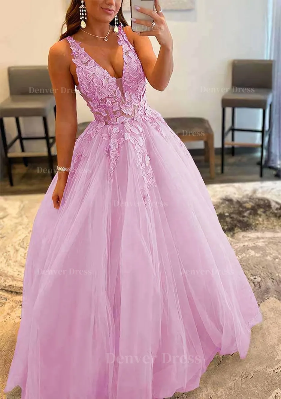 Princess A-line V Neck Sleeveless Sweep Train Tulle Prom Dress With Appliqued Beading