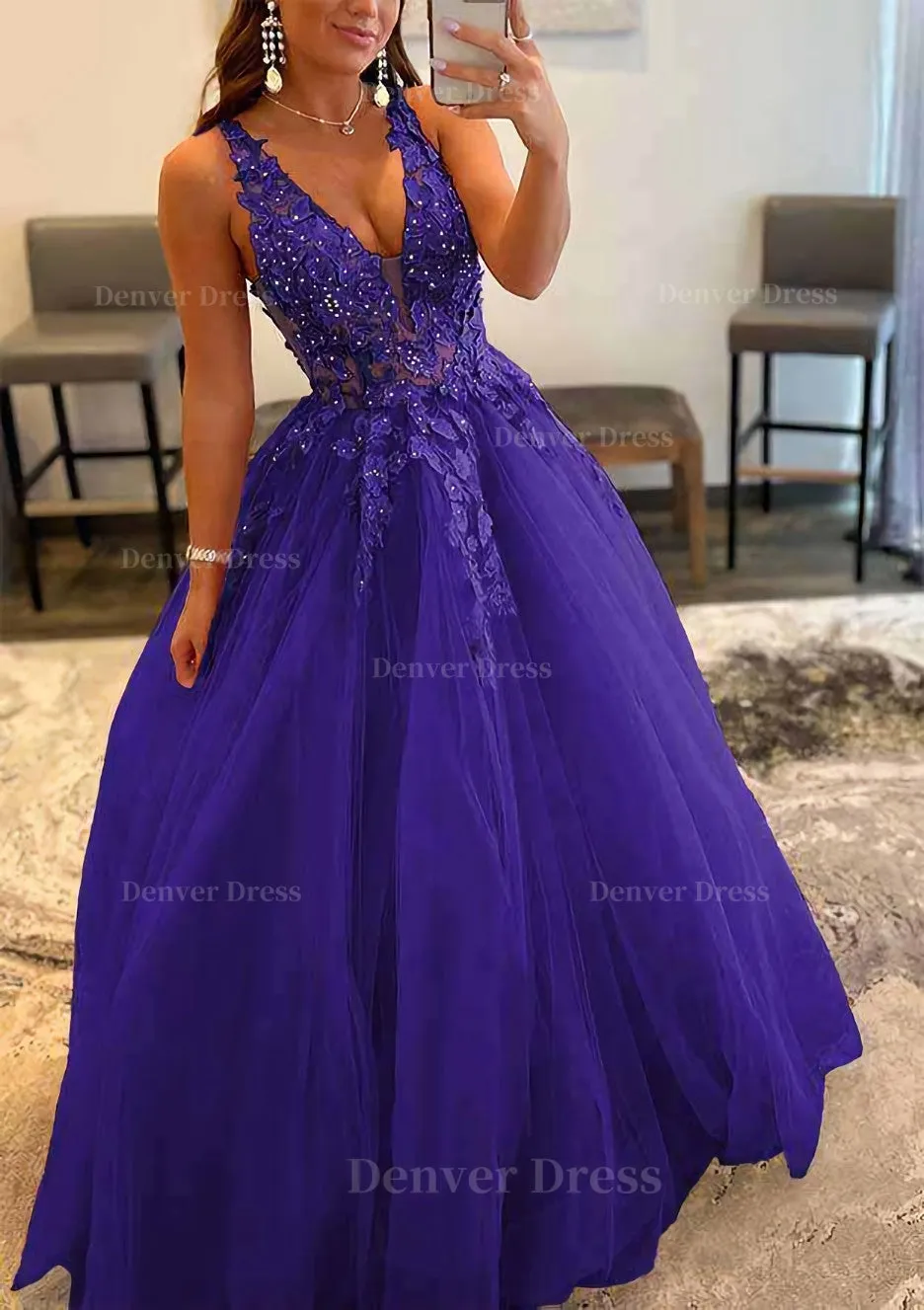 Princess A-line V Neck Sleeveless Sweep Train Tulle Prom Dress With Appliqued Beading