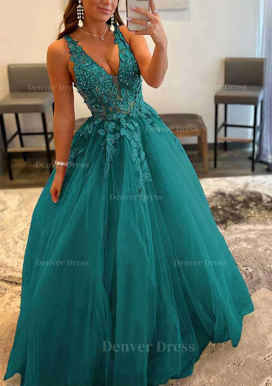 Princess A-line V Neck Sleeveless Sweep Train Tulle Prom Dress With Appliqued Beading