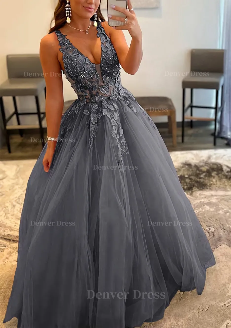 Princess A-line V Neck Sleeveless Sweep Train Tulle Prom Dress With Appliqued Beading