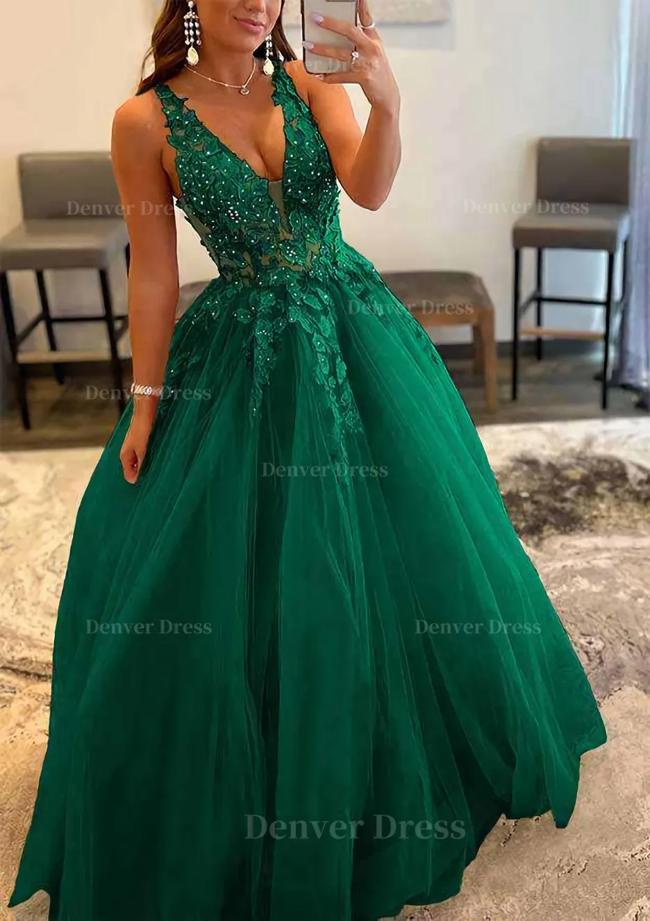 Princess A-line V Neck Sleeveless Sweep Train Tulle Prom Dress With Appliqued Beading