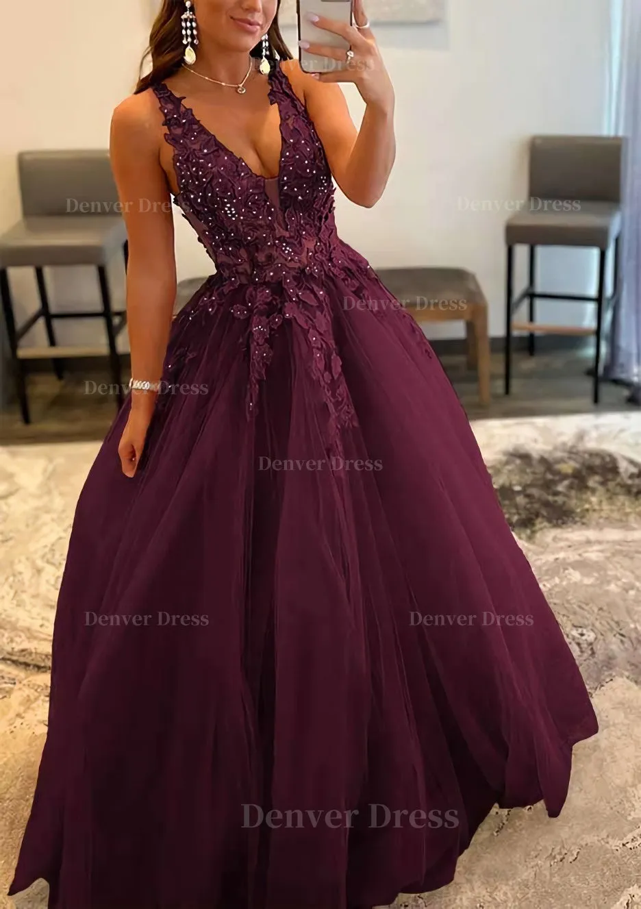 Princess A-line V Neck Sleeveless Sweep Train Tulle Prom Dress With Appliqued Beading