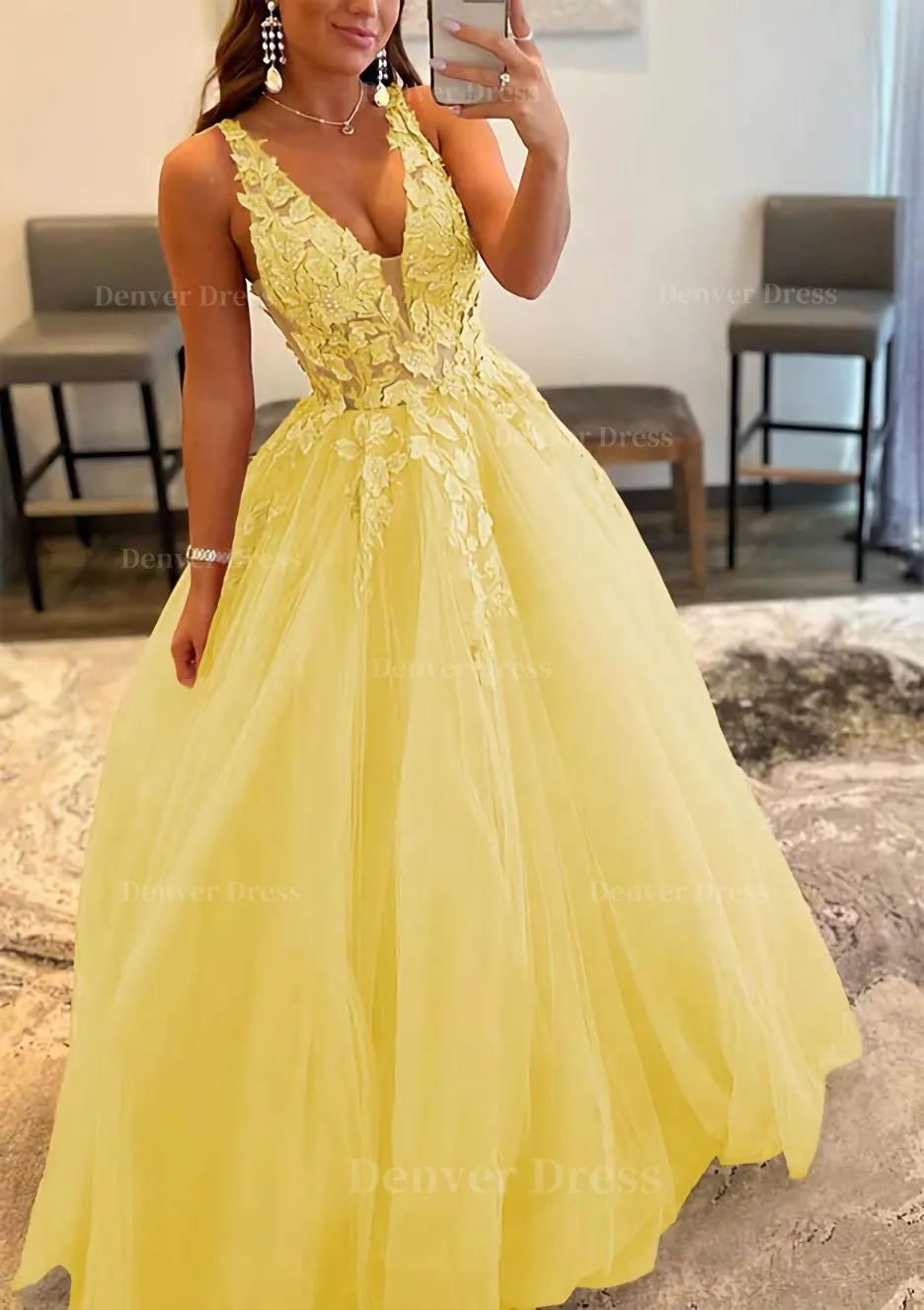 Princess A-line V Neck Sleeveless Sweep Train Tulle Prom Dress With Appliqued Beading