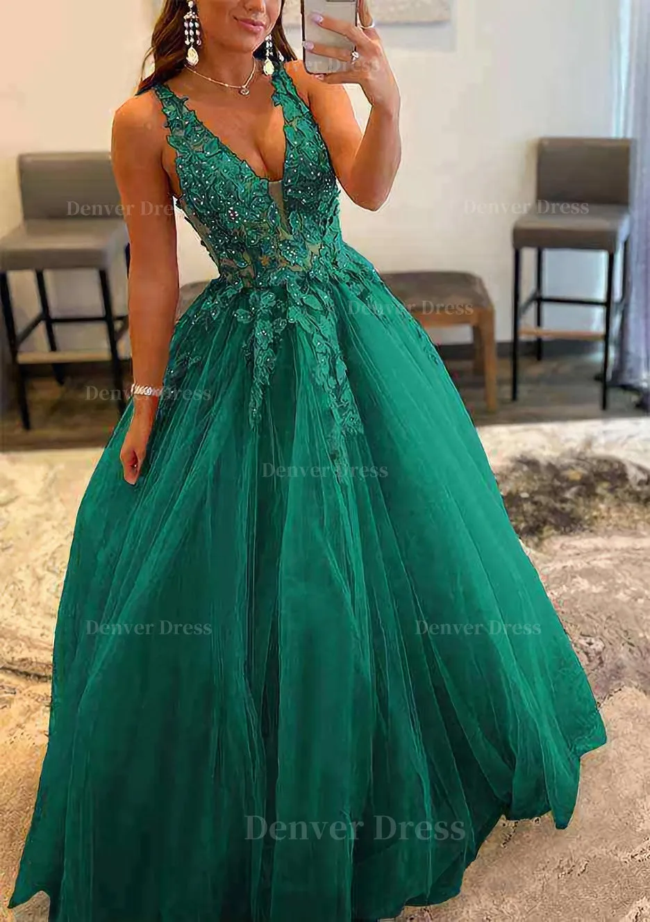 Princess A-line V Neck Sleeveless Sweep Train Tulle Prom Dress With Appliqued Beading