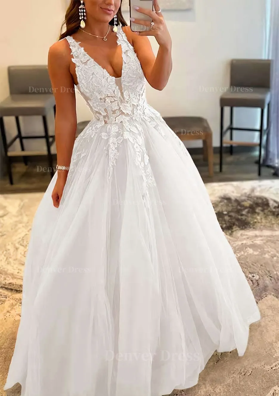 Princess A-line V Neck Sleeveless Sweep Train Tulle Prom Dress With Appliqued Beading