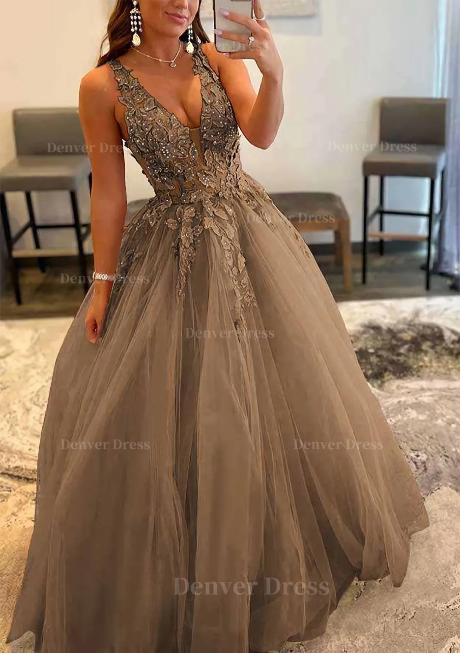 Princess A-line V Neck Sleeveless Sweep Train Tulle Prom Dress With Appliqued Beading