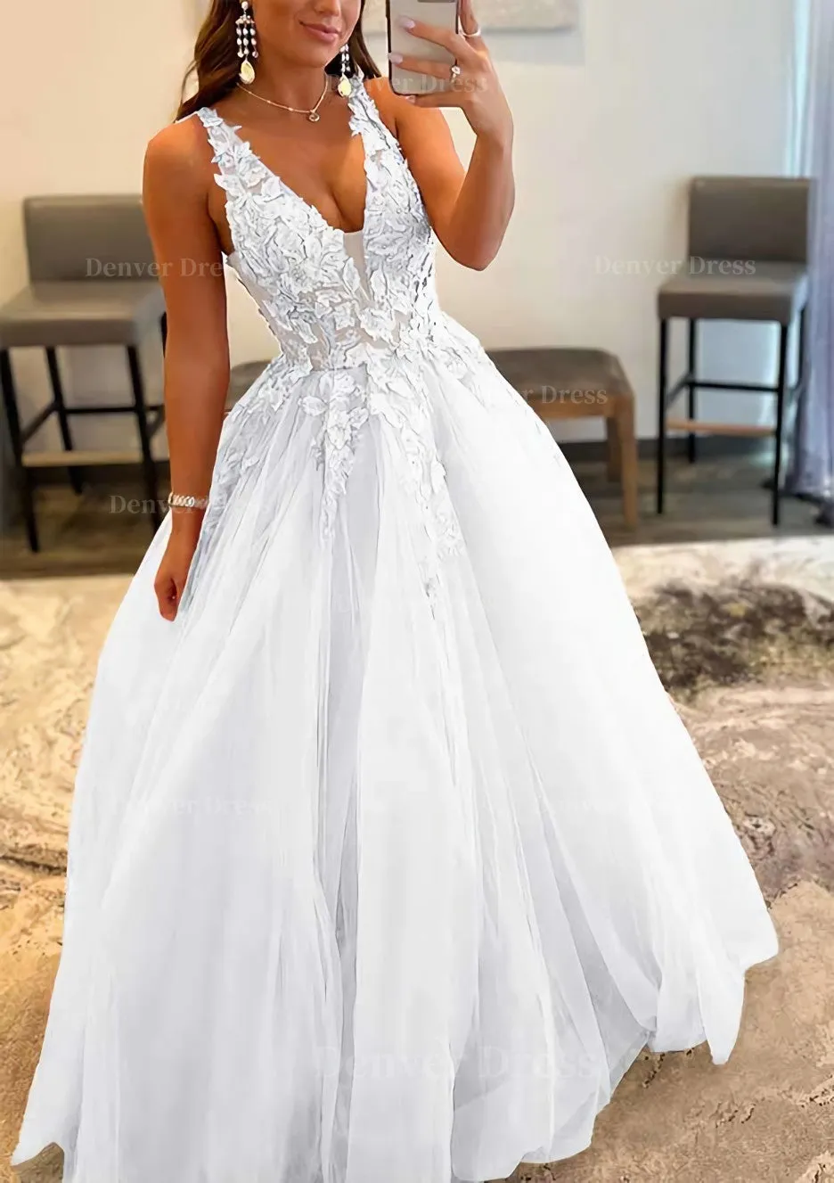 Princess A-line V Neck Sleeveless Sweep Train Tulle Prom Dress With Appliqued Beading