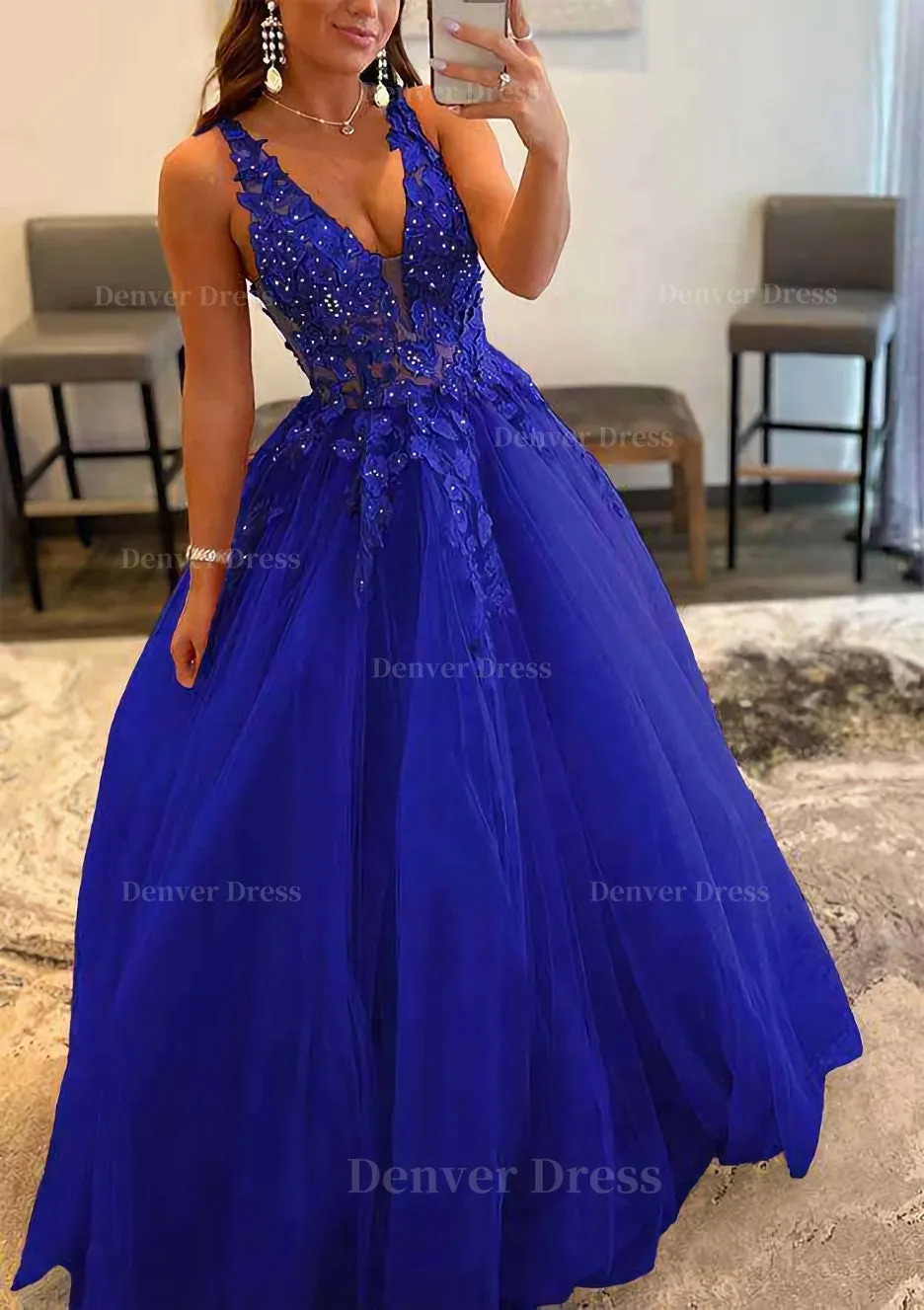 Princess A-line V Neck Sleeveless Sweep Train Tulle Prom Dress With Appliqued Beading