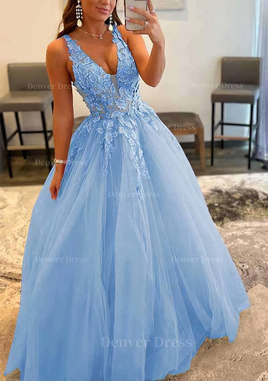Princess A-line V Neck Sleeveless Sweep Train Tulle Prom Dress With Appliqued Beading