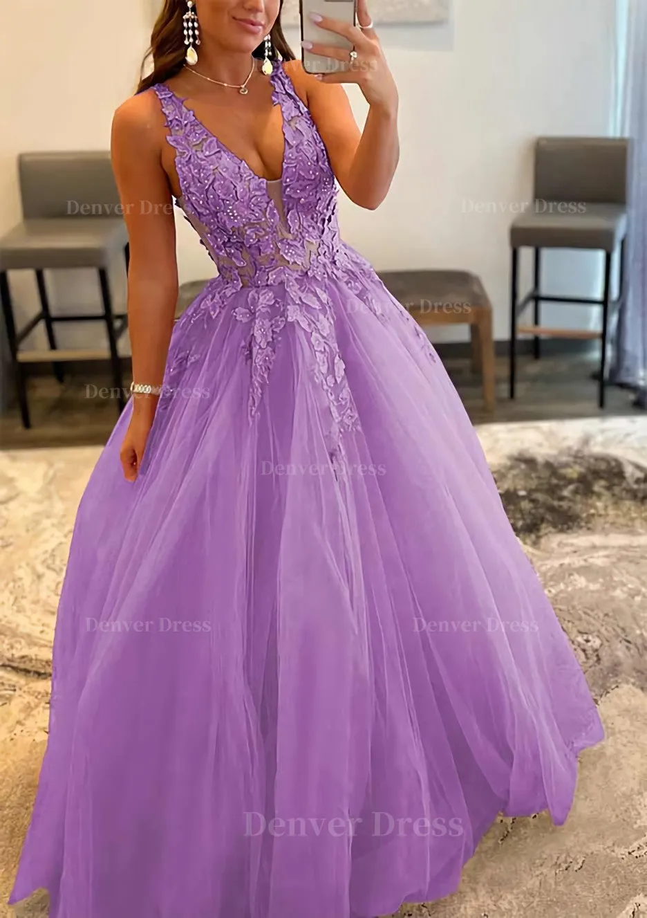 Princess A-line V Neck Sleeveless Sweep Train Tulle Prom Dress With Appliqued Beading