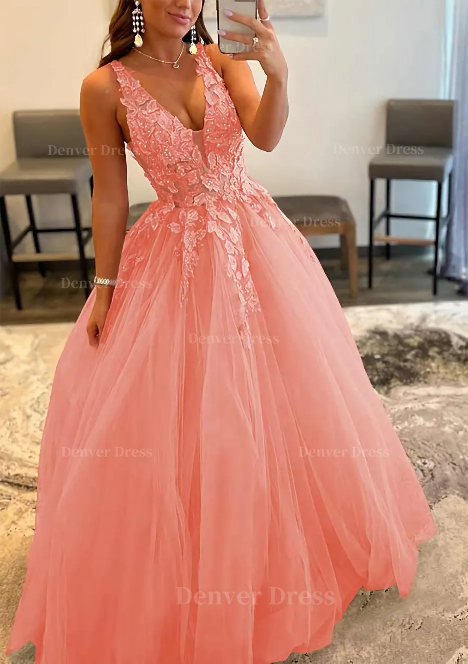 Princess A-line V Neck Sleeveless Sweep Train Tulle Prom Dress With Appliqued Beading