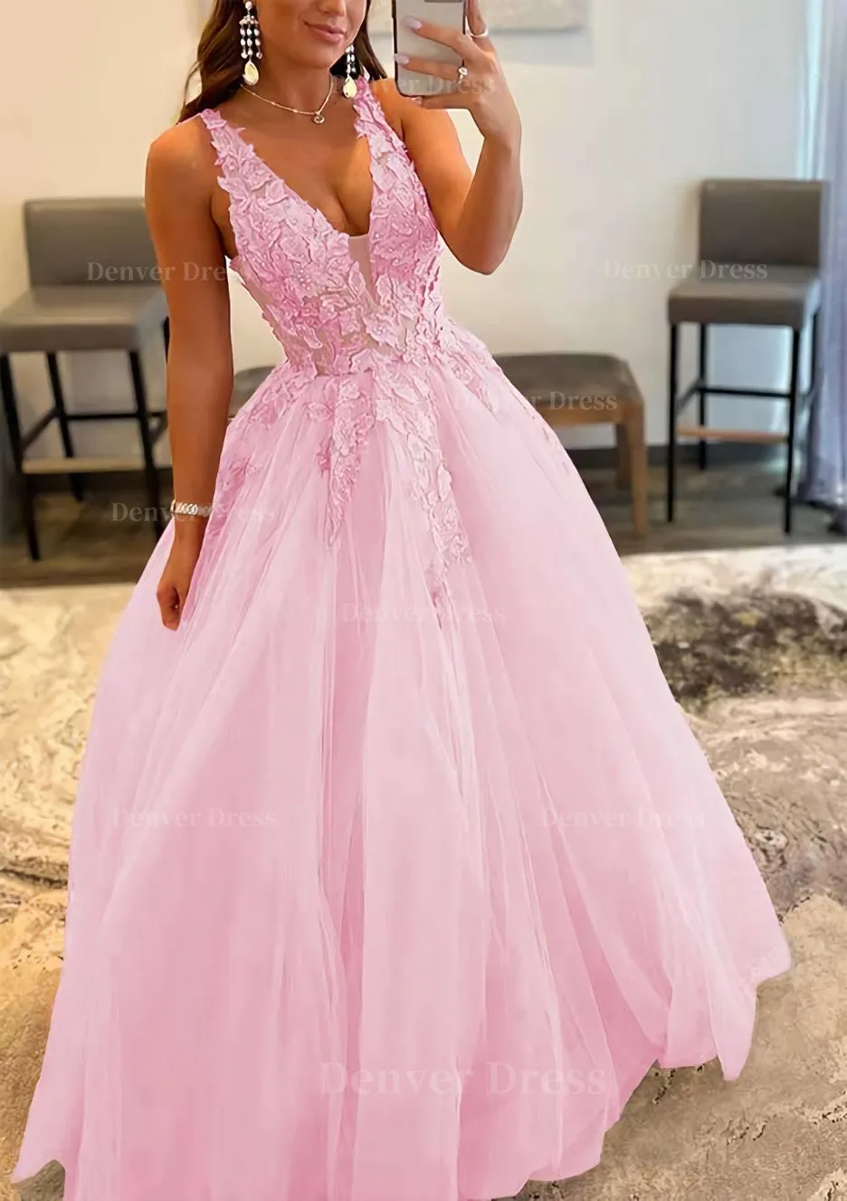 Princess A-line V Neck Sleeveless Sweep Train Tulle Prom Dress With Appliqued Beading