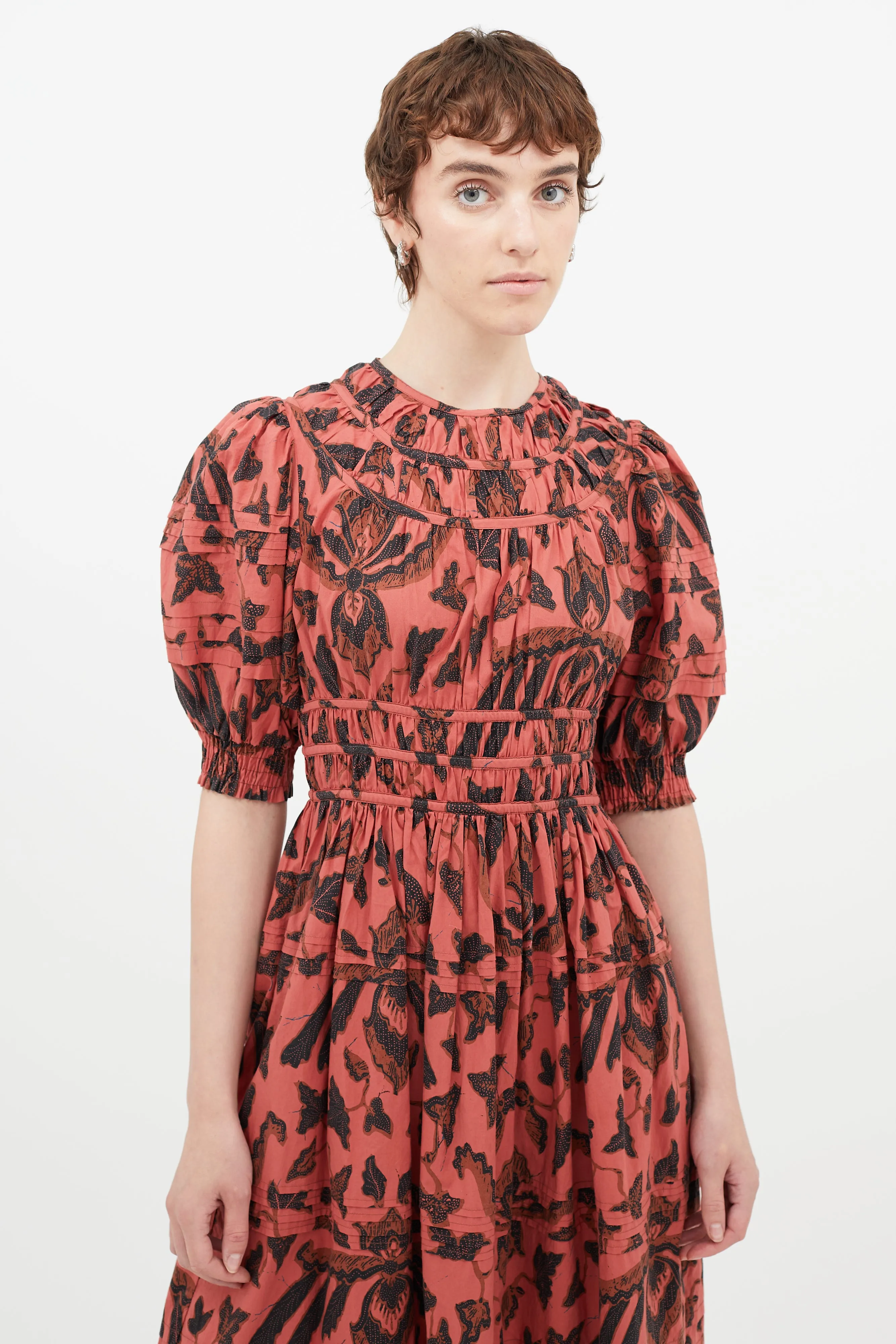 Red & Black Floral Pleated Dress