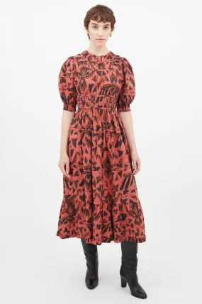 Red & Black Floral Pleated Dress