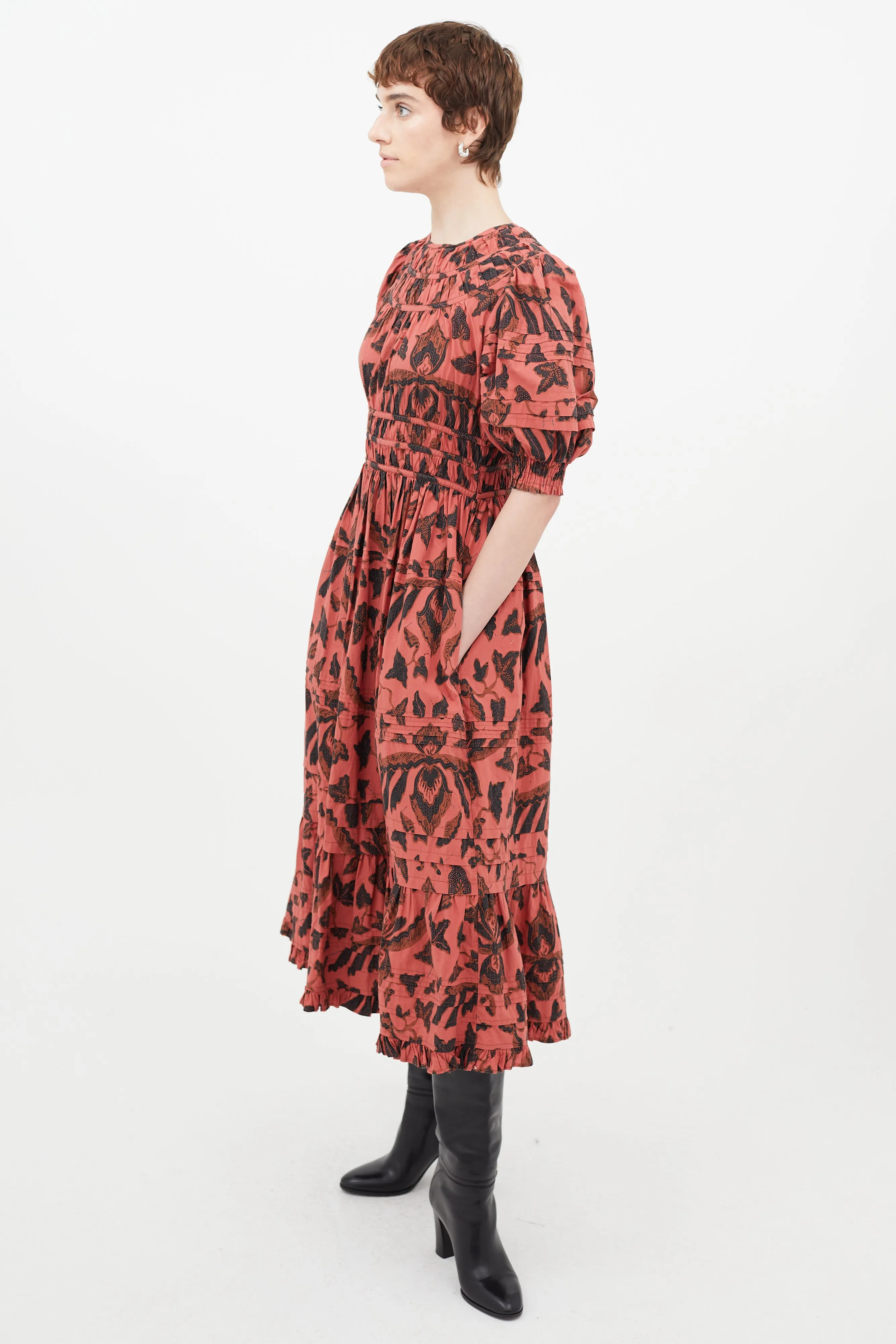 Red & Black Floral Pleated Dress