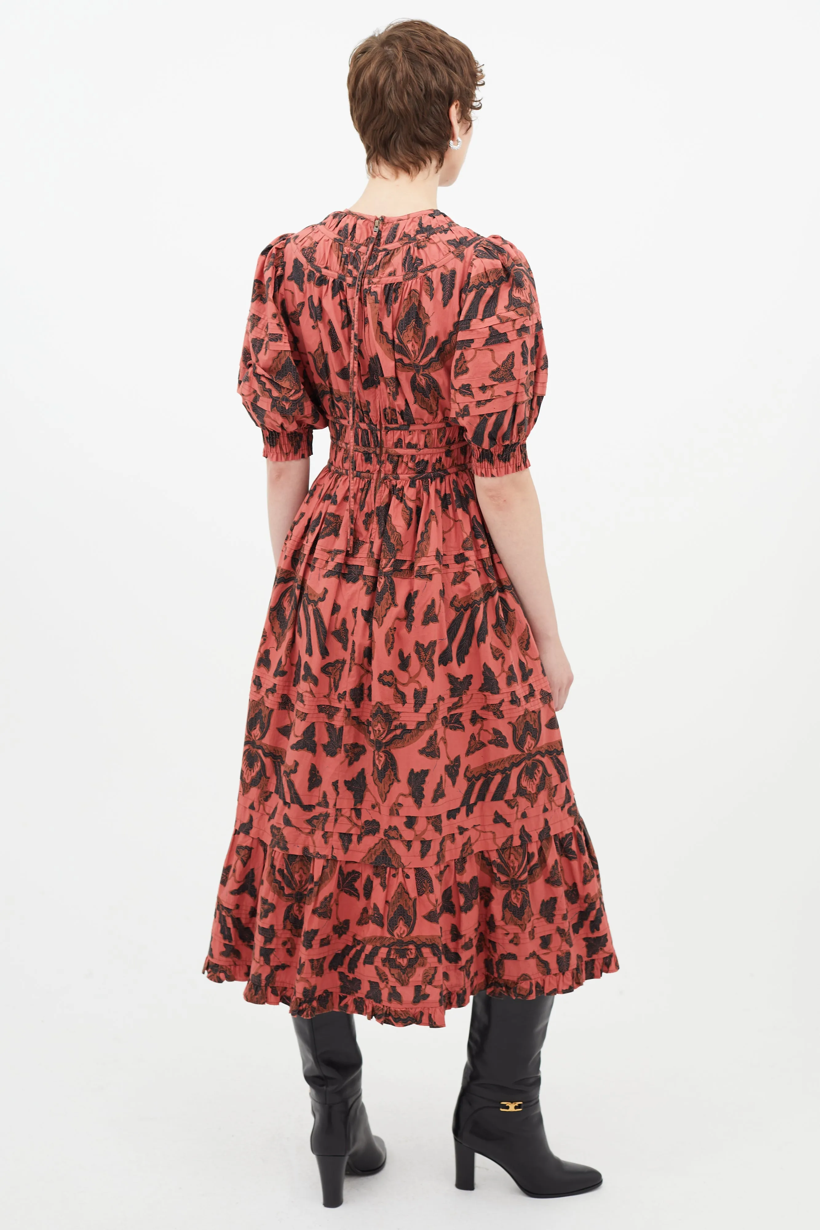 Red & Black Floral Pleated Dress