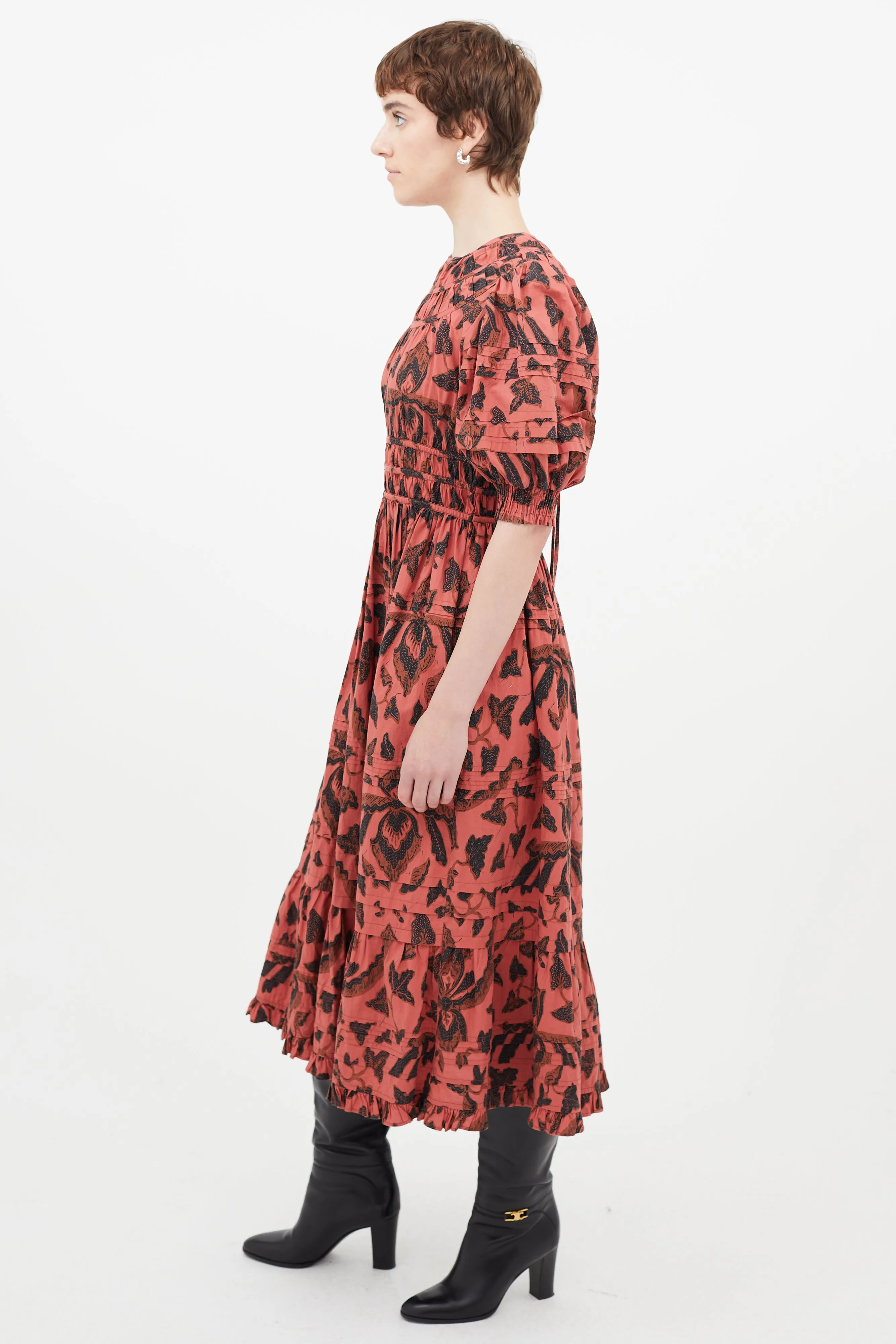 Red & Black Floral Pleated Dress