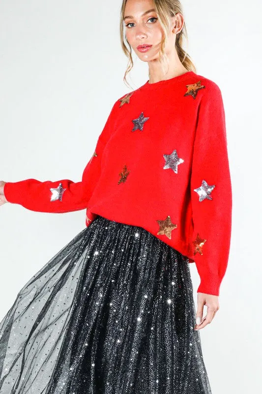 Red Star Sequin Detail Sweater Top