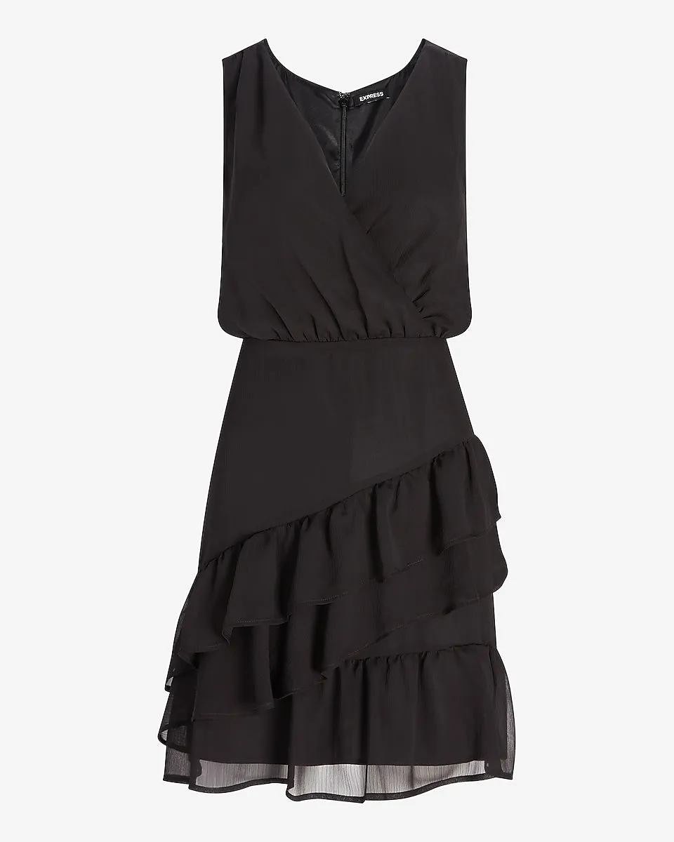 Ruffle Wrap Fit And Flare Dress in Pitch Black