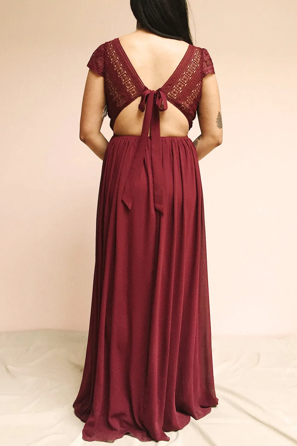 Senji Burgundy | Backless Chiffon & Lace Gown