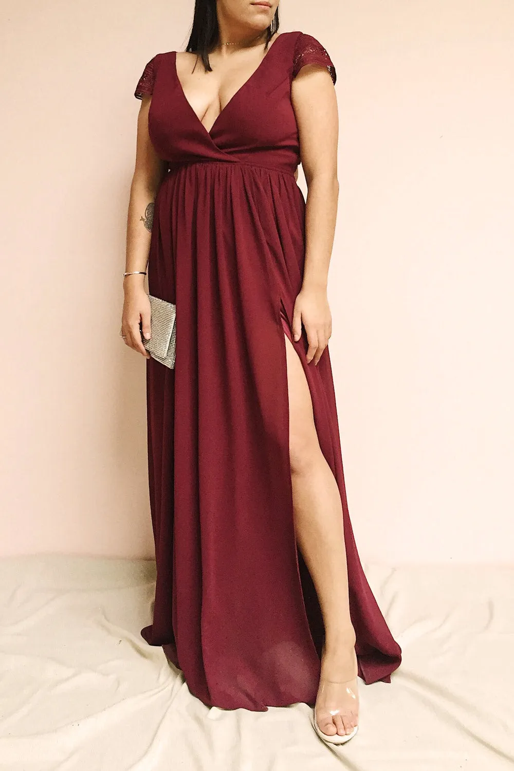 Senji Burgundy | Backless Chiffon & Lace Gown