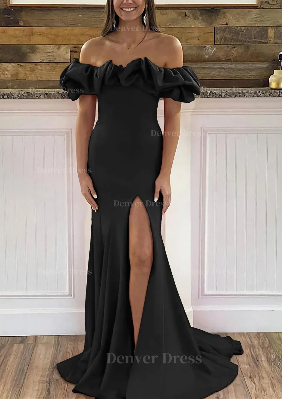 Sheath/Column Off-the-Shoulder Sleeveless Sweep Train Satin Prom Dress With Ruffles Split