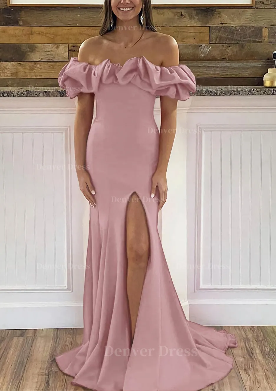 Sheath/Column Off-the-Shoulder Sleeveless Sweep Train Satin Prom Dress With Ruffles Split