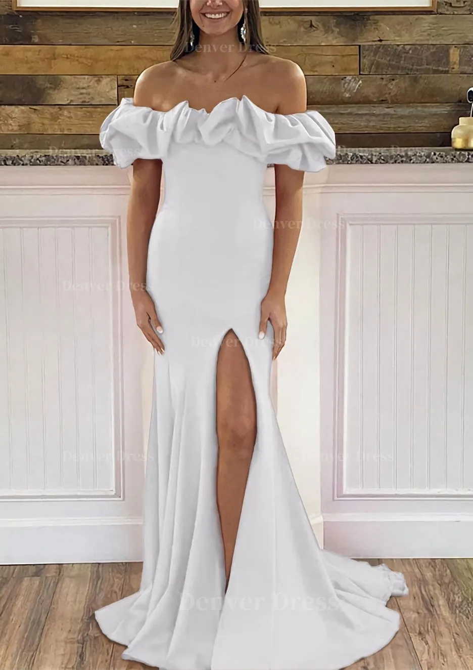 Sheath/Column Off-the-Shoulder Sleeveless Sweep Train Satin Prom Dress With Ruffles Split