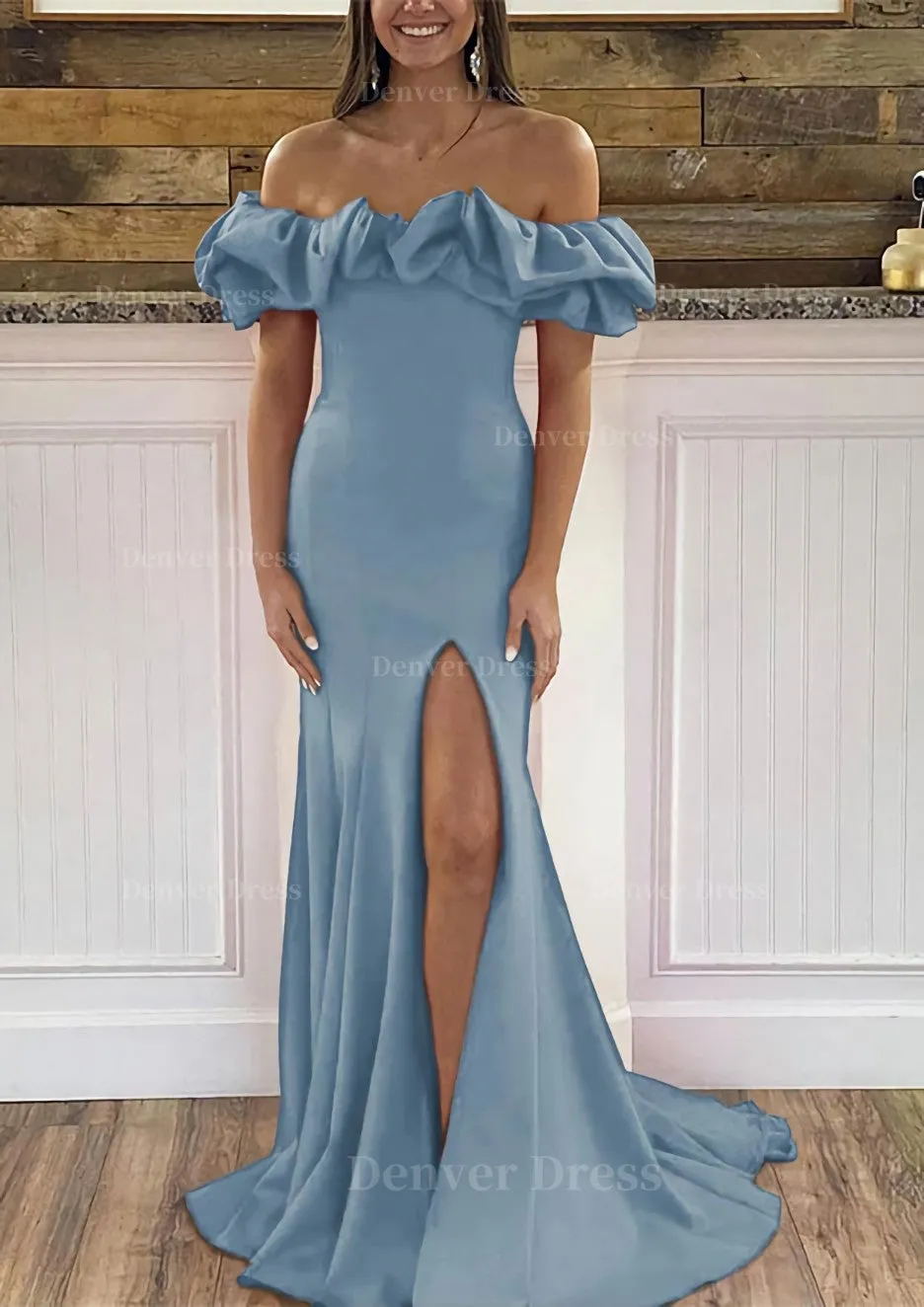 Sheath/Column Off-the-Shoulder Sleeveless Sweep Train Satin Prom Dress With Ruffles Split