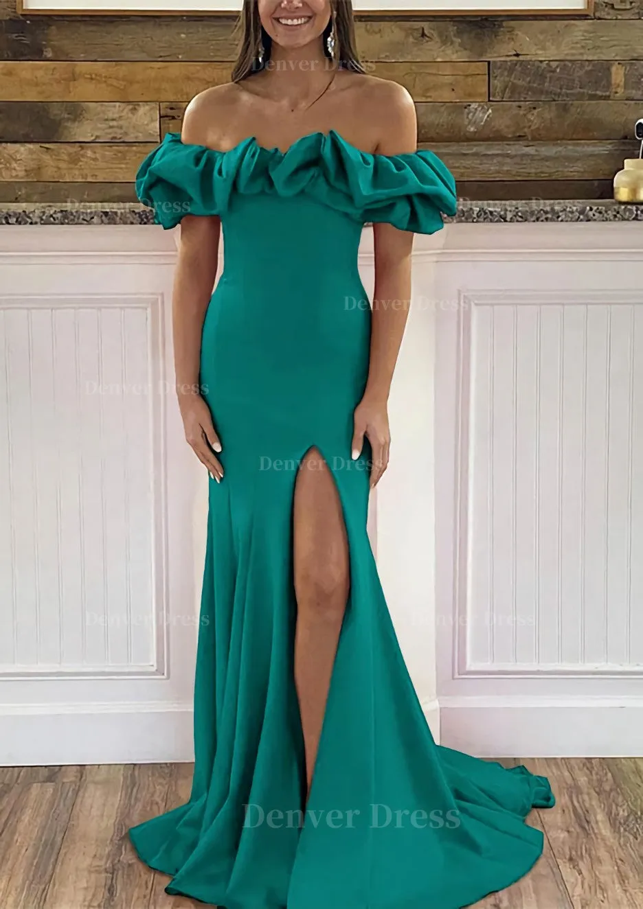 Sheath/Column Off-the-Shoulder Sleeveless Sweep Train Satin Prom Dress With Ruffles Split