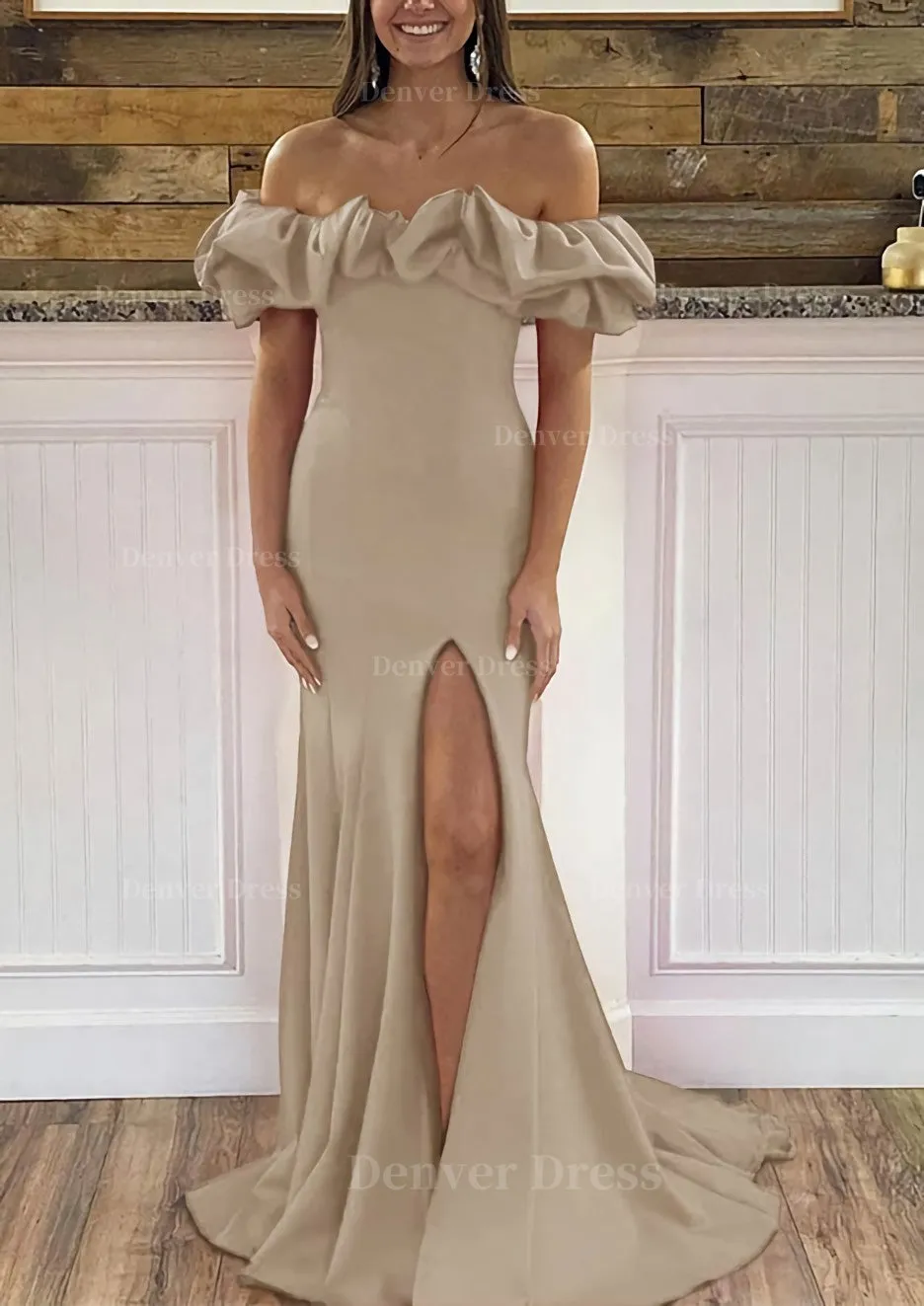 Sheath/Column Off-the-Shoulder Sleeveless Sweep Train Satin Prom Dress With Ruffles Split