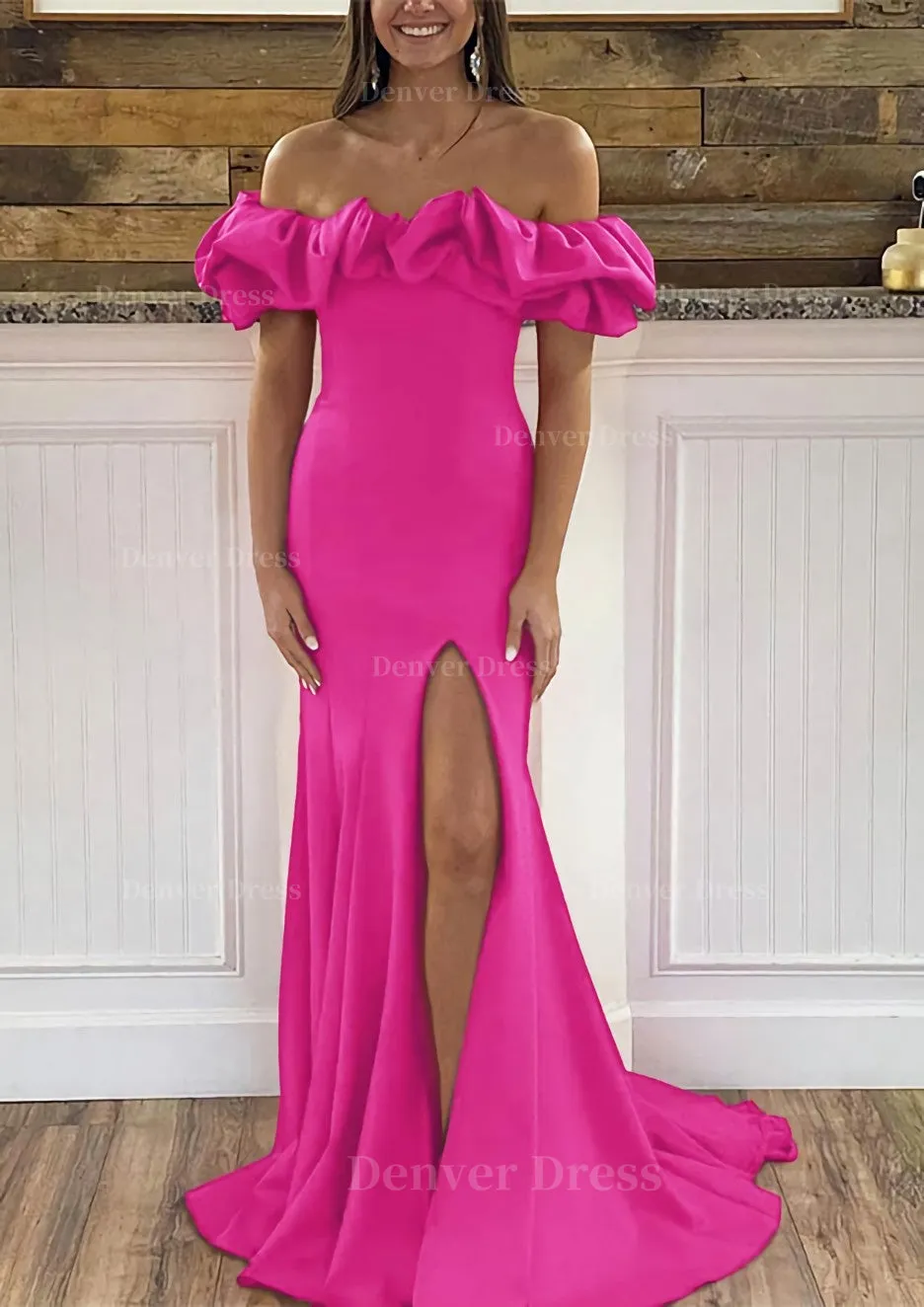 Sheath/Column Off-the-Shoulder Sleeveless Sweep Train Satin Prom Dress With Ruffles Split