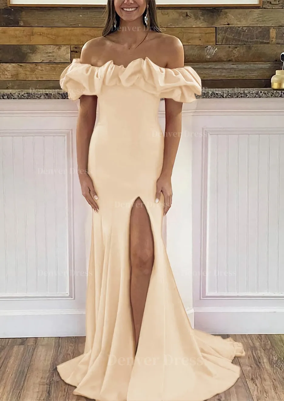 Sheath/Column Off-the-Shoulder Sleeveless Sweep Train Satin Prom Dress With Ruffles Split