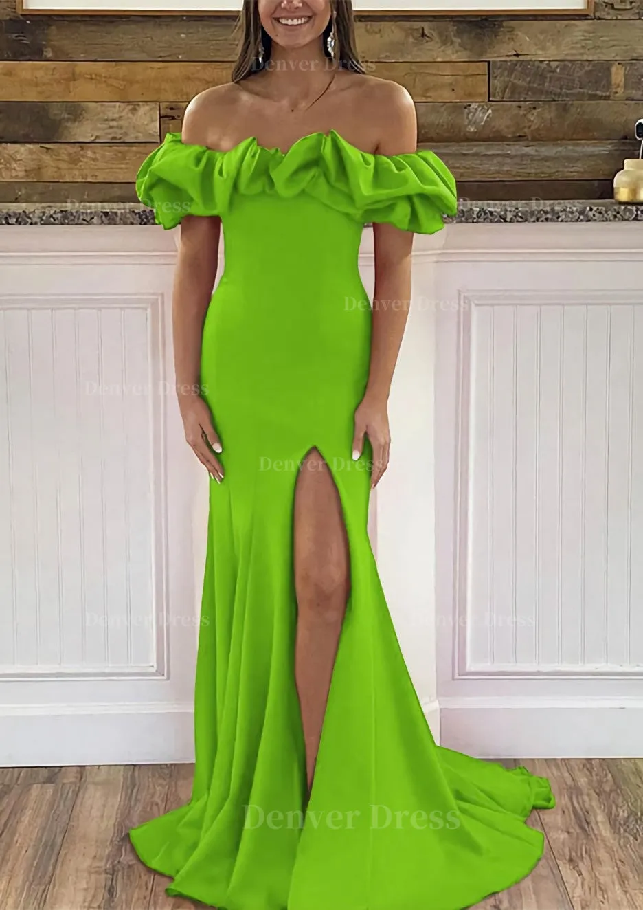 Sheath/Column Off-the-Shoulder Sleeveless Sweep Train Satin Prom Dress With Ruffles Split