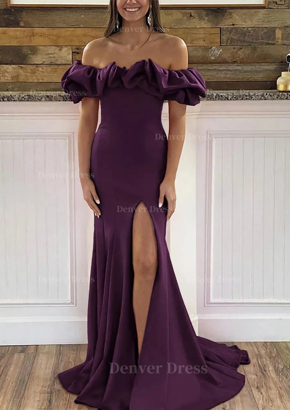 Sheath/Column Off-the-Shoulder Sleeveless Sweep Train Satin Prom Dress With Ruffles Split