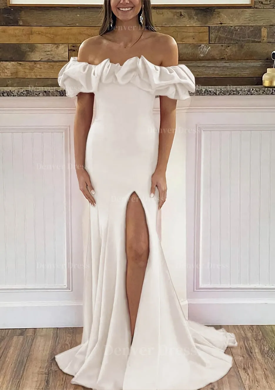 Sheath/Column Off-the-Shoulder Sleeveless Sweep Train Satin Prom Dress With Ruffles Split