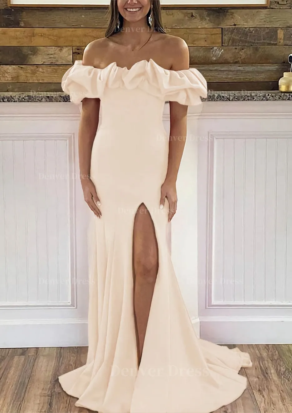 Sheath/Column Off-the-Shoulder Sleeveless Sweep Train Satin Prom Dress With Ruffles Split