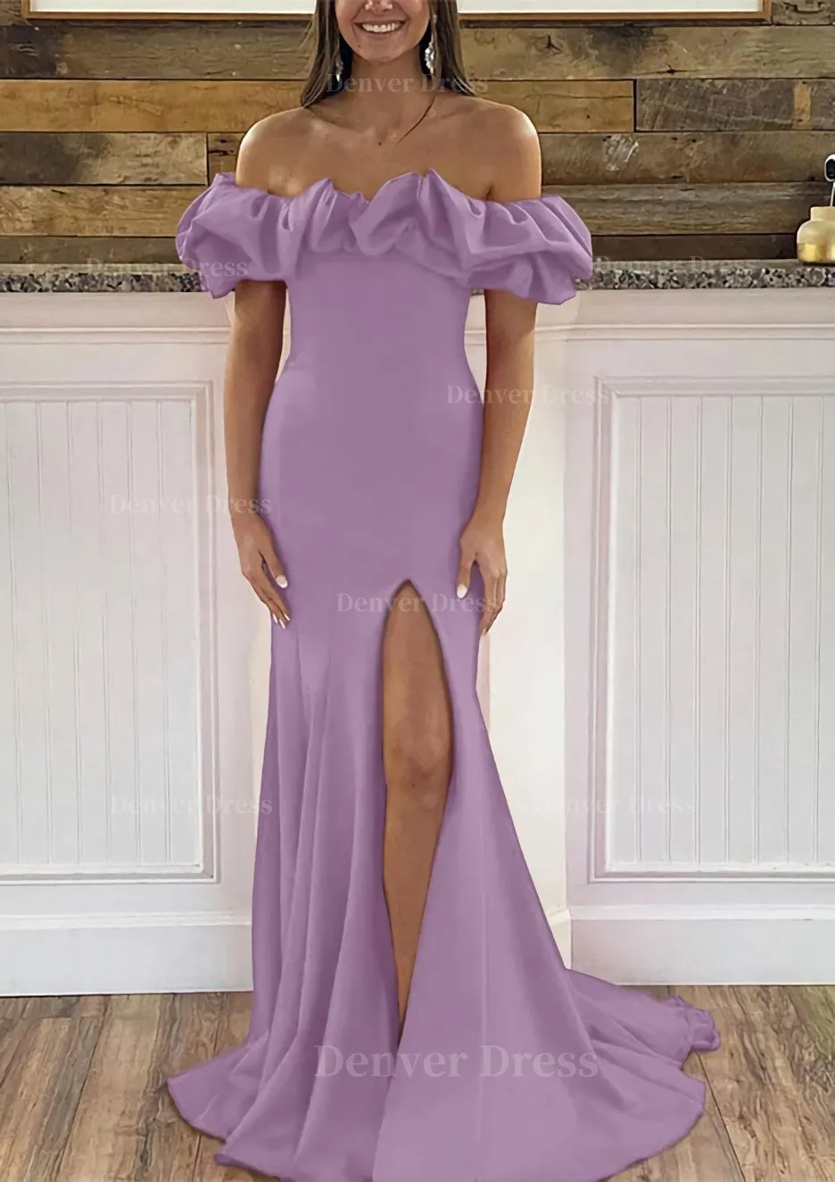 Sheath/Column Off-the-Shoulder Sleeveless Sweep Train Satin Prom Dress With Ruffles Split