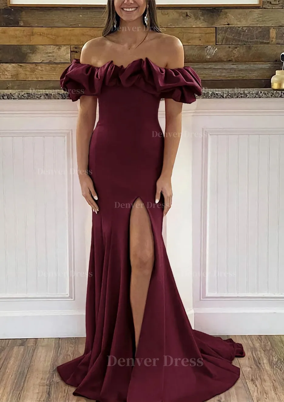 Sheath/Column Off-the-Shoulder Sleeveless Sweep Train Satin Prom Dress With Ruffles Split