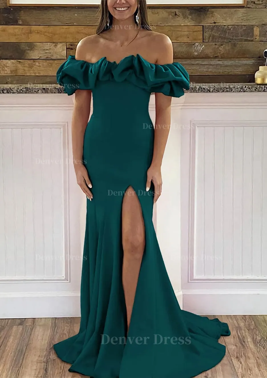 Sheath/Column Off-the-Shoulder Sleeveless Sweep Train Satin Prom Dress With Ruffles Split