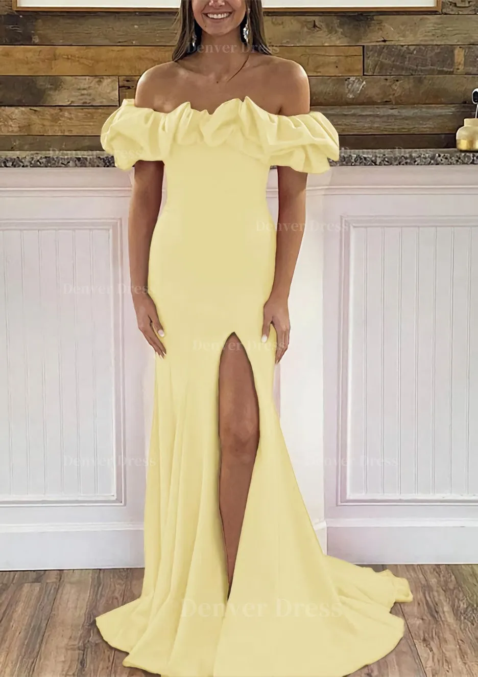 Sheath/Column Off-the-Shoulder Sleeveless Sweep Train Satin Prom Dress With Ruffles Split