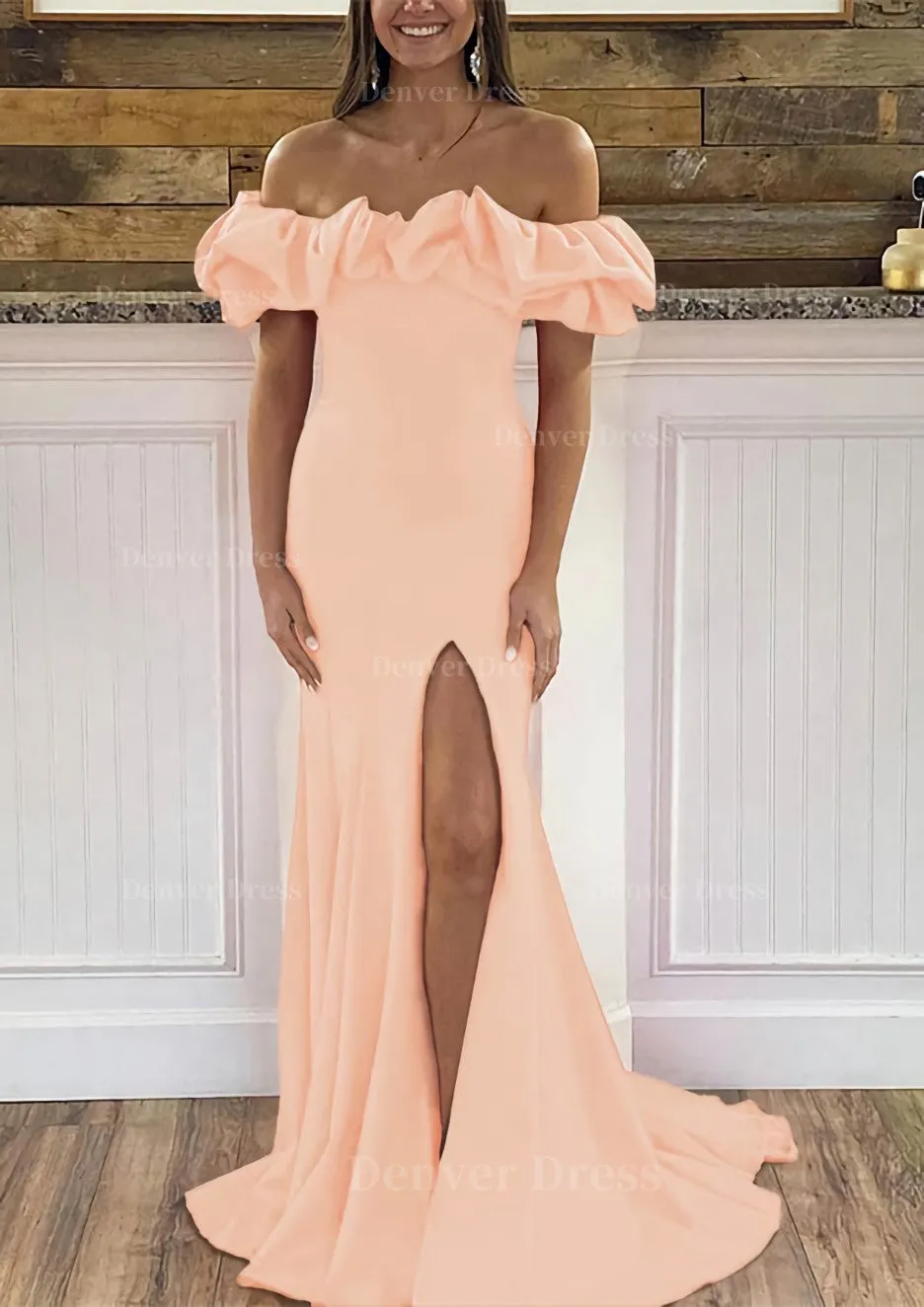 Sheath/Column Off-the-Shoulder Sleeveless Sweep Train Satin Prom Dress With Ruffles Split