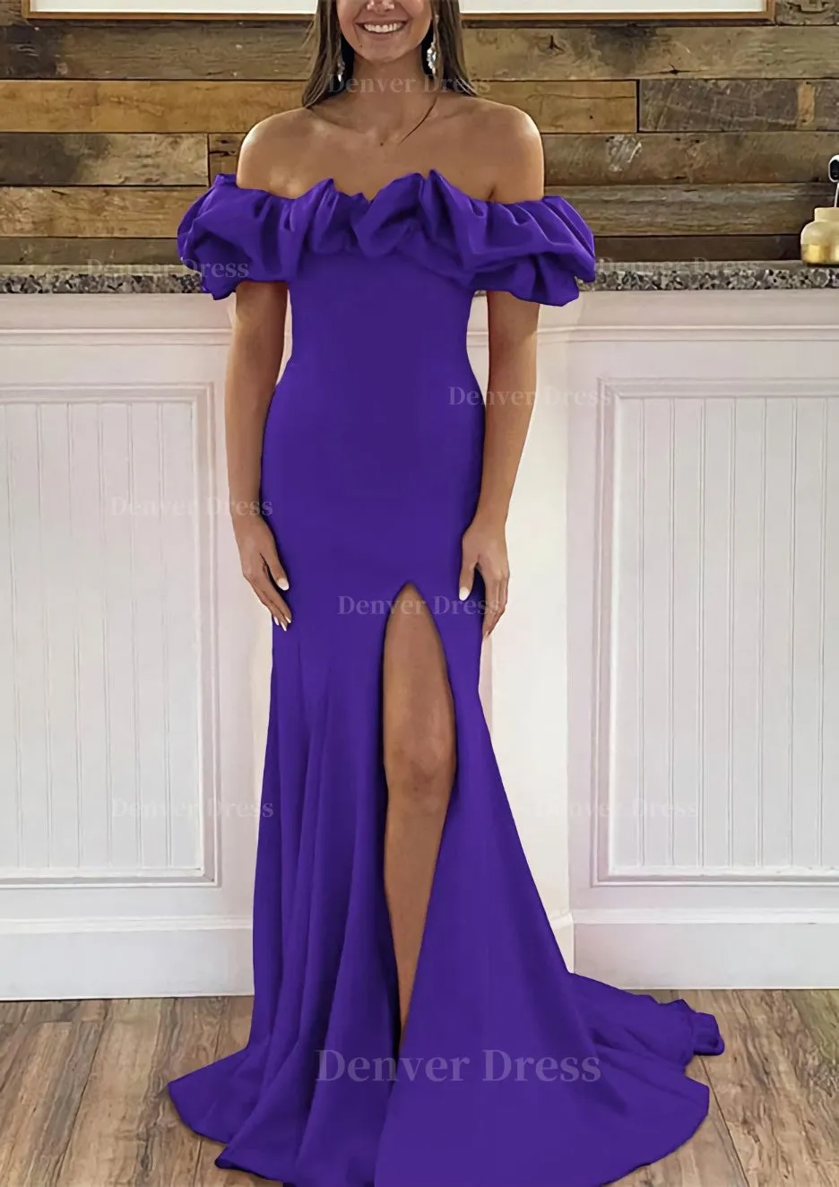 Sheath/Column Off-the-Shoulder Sleeveless Sweep Train Satin Prom Dress With Ruffles Split