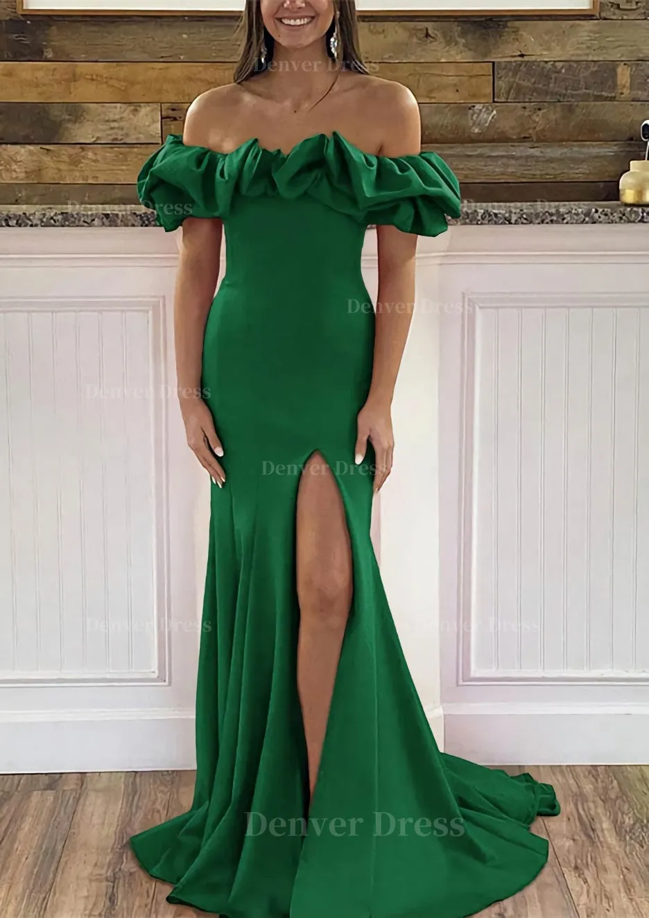 Sheath/Column Off-the-Shoulder Sleeveless Sweep Train Satin Prom Dress With Ruffles Split
