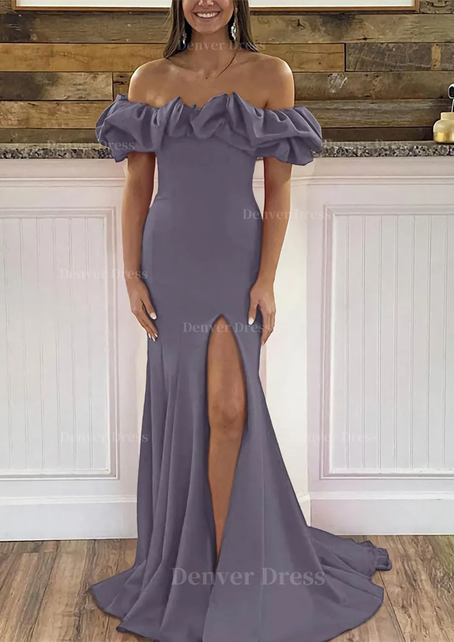 Sheath/Column Off-the-Shoulder Sleeveless Sweep Train Satin Prom Dress With Ruffles Split