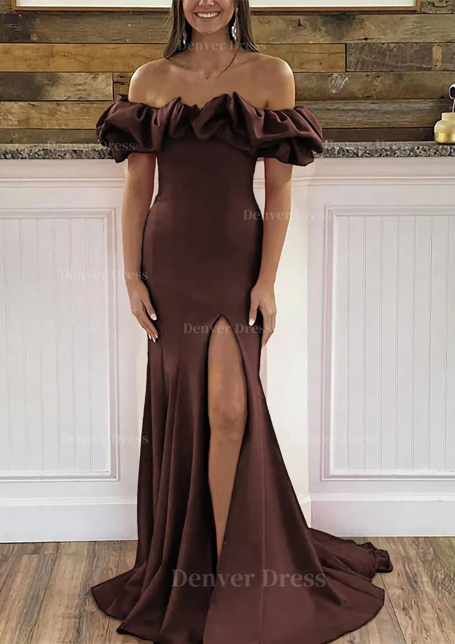 Sheath/Column Off-the-Shoulder Sleeveless Sweep Train Satin Prom Dress With Ruffles Split
